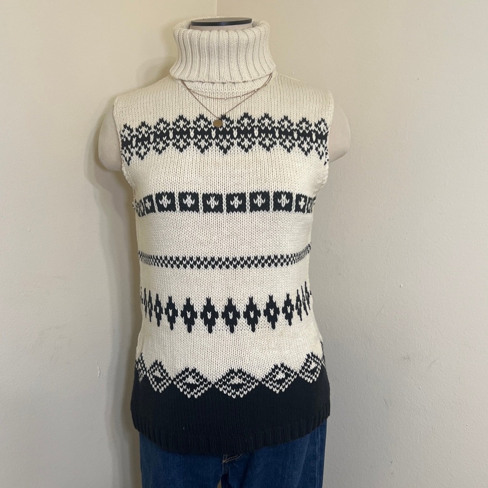 Ann Taylor Loft Sweater Womens Sz M Sleeveless Turtleneck Ivory Black  Pattern